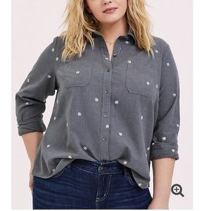 Torrid Grey Denim Daisy Embroidered Shirt